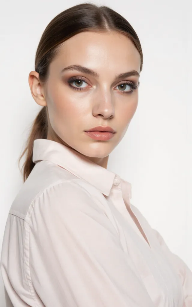 A French female model with a Smoky eye makeup style, wearing a shirt, against a white background, in a front   facing bust portrait